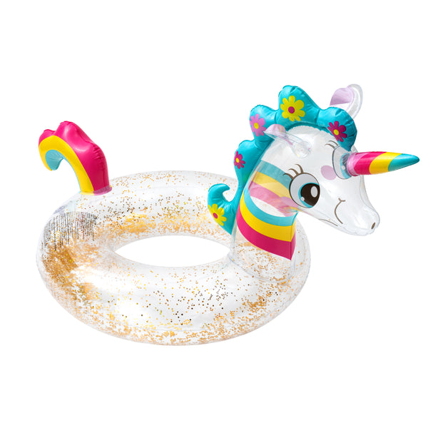 Inflatable Unicorn Pool Float with Glitters, Unicorn Swim Tube Ring with Tail Decoration Portable Pool Ride