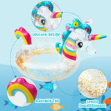 Inflatable Unicorn Pool Float with Glitters, Unicorn Swim Tube Ring with Tail Decoration Portable Pool Ride